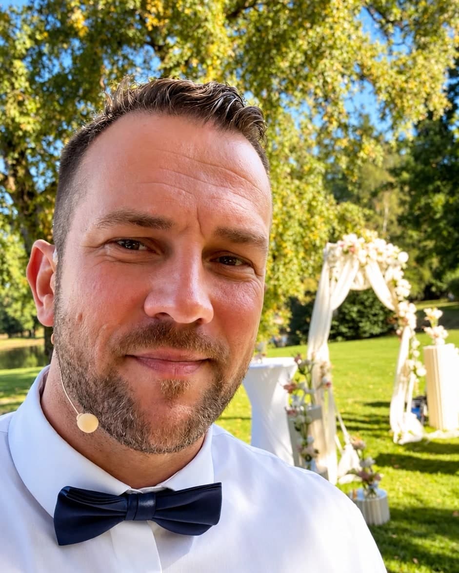 Timo lächelt in die Kamera, hinter ihm der geschmückte Traubogen