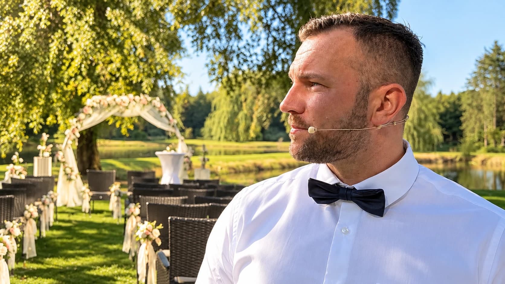 Timo im Profil vor Stuhlreihen und Traubogen am See